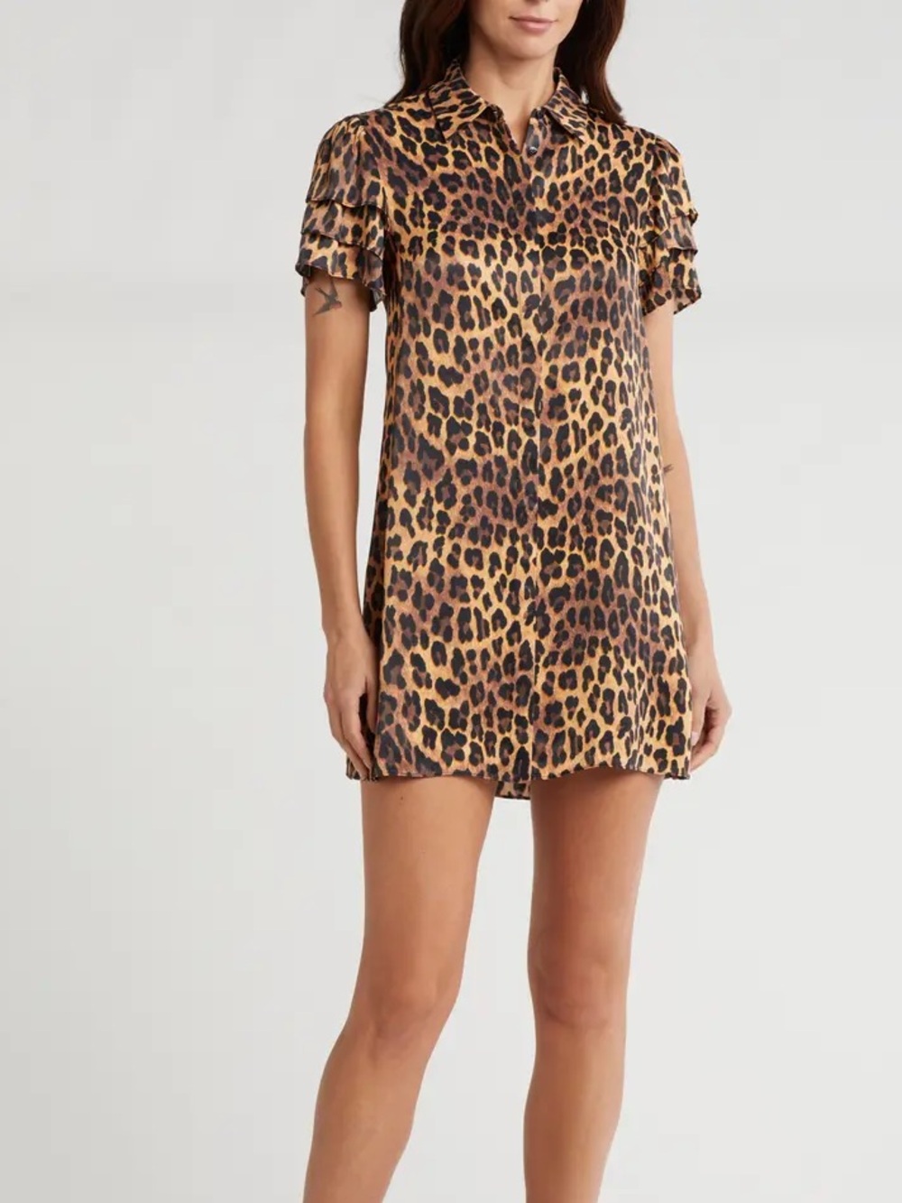 Alice + Olivia Leopard Print Ruffle Sleeve Shirt Dress Size Small NWOT